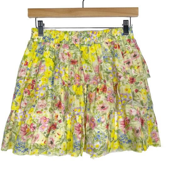 LoveShackFancy Small S Yellow Floral Brynlee Ruffle Tiered Skirt Cotton Silk - Picture 1 of 12